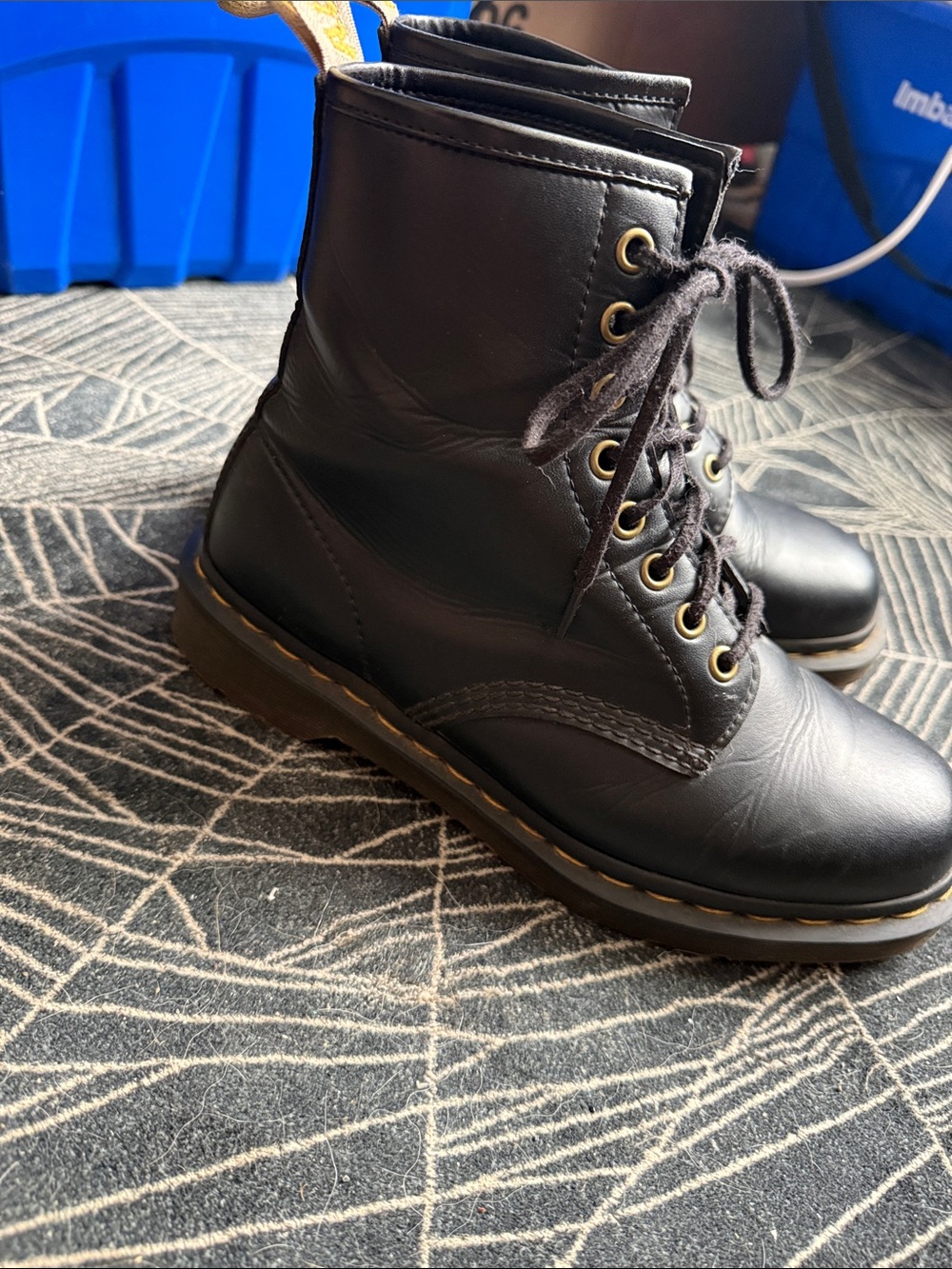 Dr. Martens Black Leather Lace-Up Combat Boots with Yellow Heel Loops - Picture 5 of 7